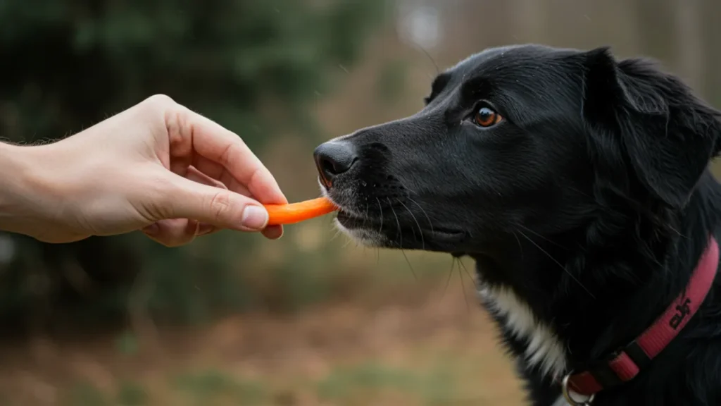 Demonstrating safe sharing of human foods dogs can eat, like carrots, in moderation.