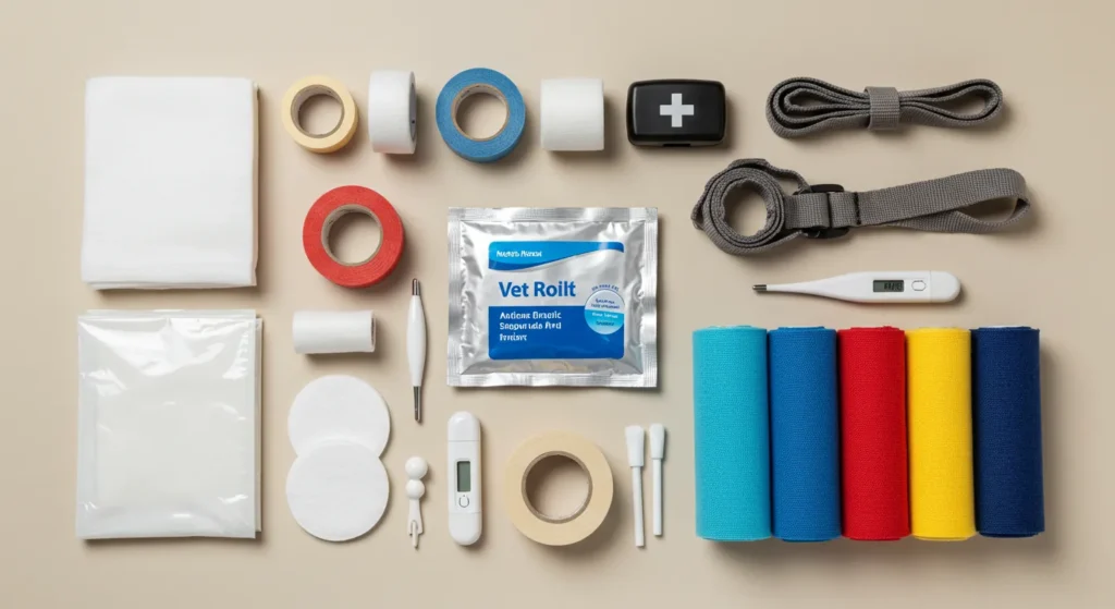 Contents of a dog first aid kit - essential supplies.