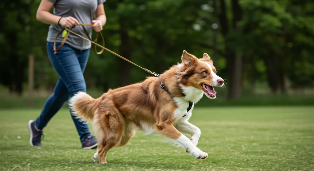Energetic dog running during a leash walk