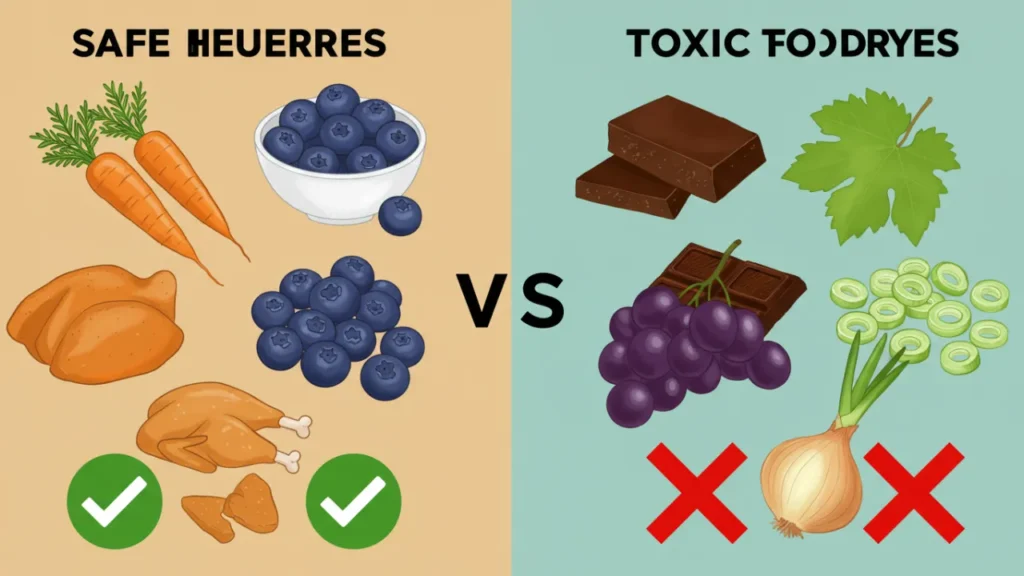 Foods Dogs Can and Cannot Eat - Visual guide comparing safe human foods dogs can eat versus toxic foods for dogs.