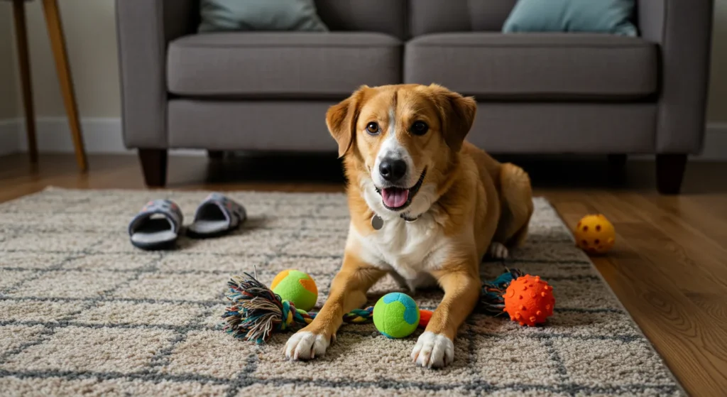 Dog calmly resting after walk, no longer chewing furniture