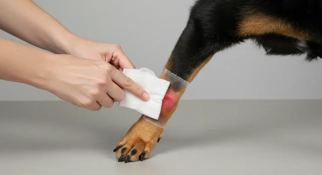 Dog first aid for Tips bleeding - applying direct pressure with gauze.