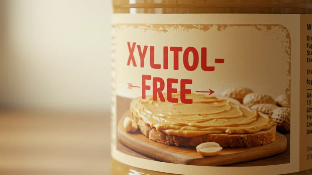 Emphasizing checking labels for xylitol, a poisonous food for dogs, ensuring dog nutrition safety.