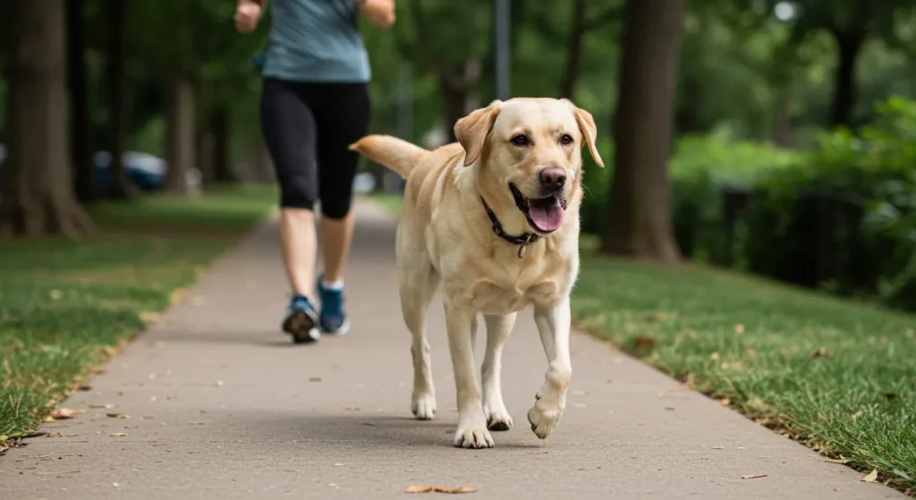 Fit dog walking with owner, staying active and lean