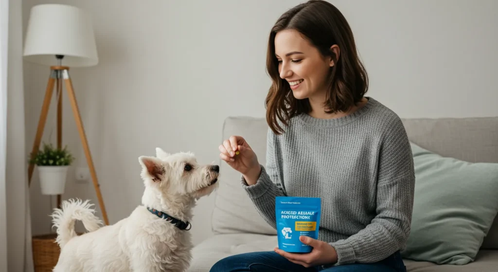 Affordable dog insurance peace of mind - owner smiling with dog.