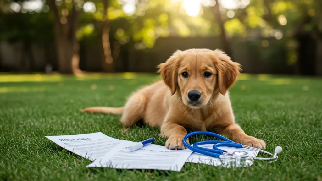 Golden retriever puppy playing with insurance documents and stethoscope on grass