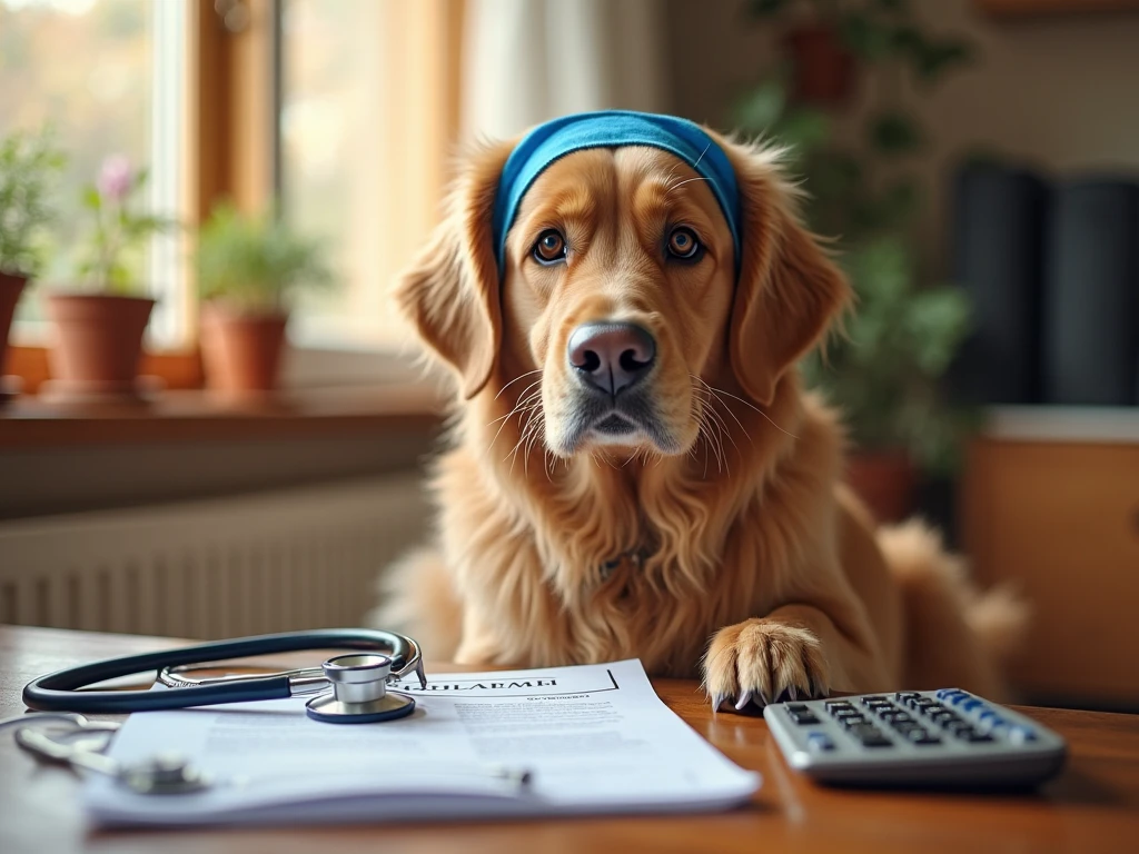 Happy golden retriever with bandana next to vet stethoscope and insurance documents