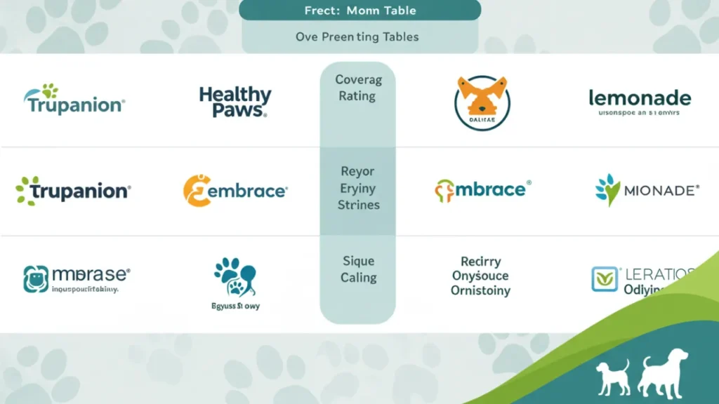 Side-by-side comparison of pet insurance brands with logos and ratings