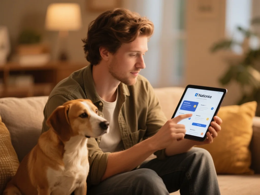 Deciding on Nationwide pet insurance - owner reviewing options with dog.