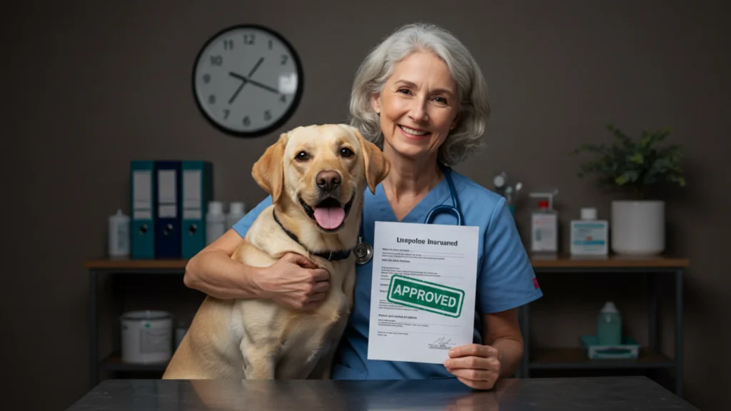 Senior woman hugging her Labrador at vet clinic with insurance paperwork