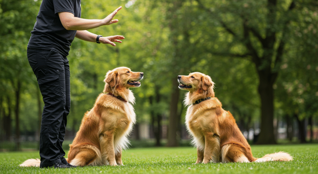 Dog trainer working with a well-behaved dog in a sunny park