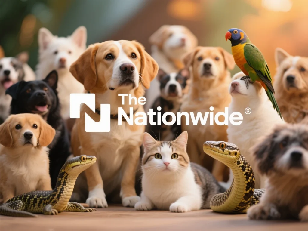 Nationwide pet insurance review - logo with diverse pets.