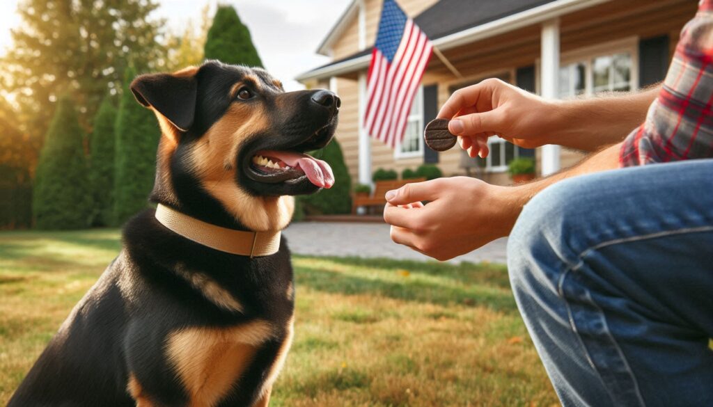 Dog performing a “sit” command with owner holding treat