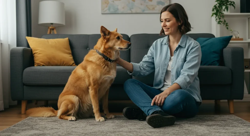 Calm dog sitting indoors with its owner after training session the dog training program review