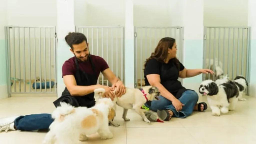 Employees of a canine lodging interacting in an affectionate and attentive way with dogs in an indoor environment.