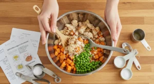 Person preparing homemade dog food with fresh ingredients