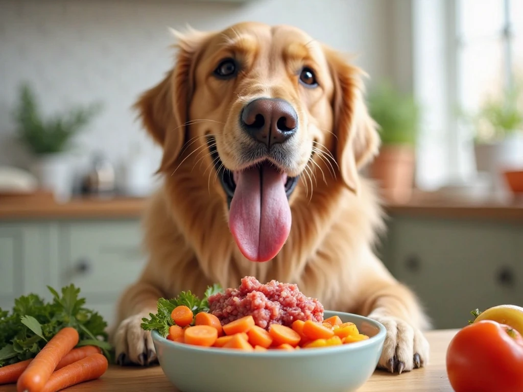 Happy golden retriever eating fresh natural dog food from bowl