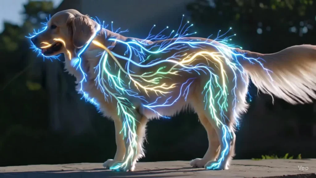 Photorealistic Golden Retriever running, morphing into a diamond skeleton, cinematic lighting, ultra HD, fur dissolving into sparkling particles,
