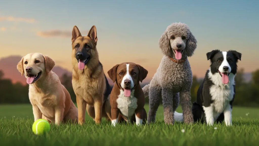 Five most intelligent and loyal dog breeds sitting together - German Shepherd, Golden Retriever, Border Collie, Labrador Retriever, and Poodle