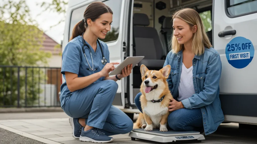 Female vet examining corgi in mobile clinic with cost-saving promotion