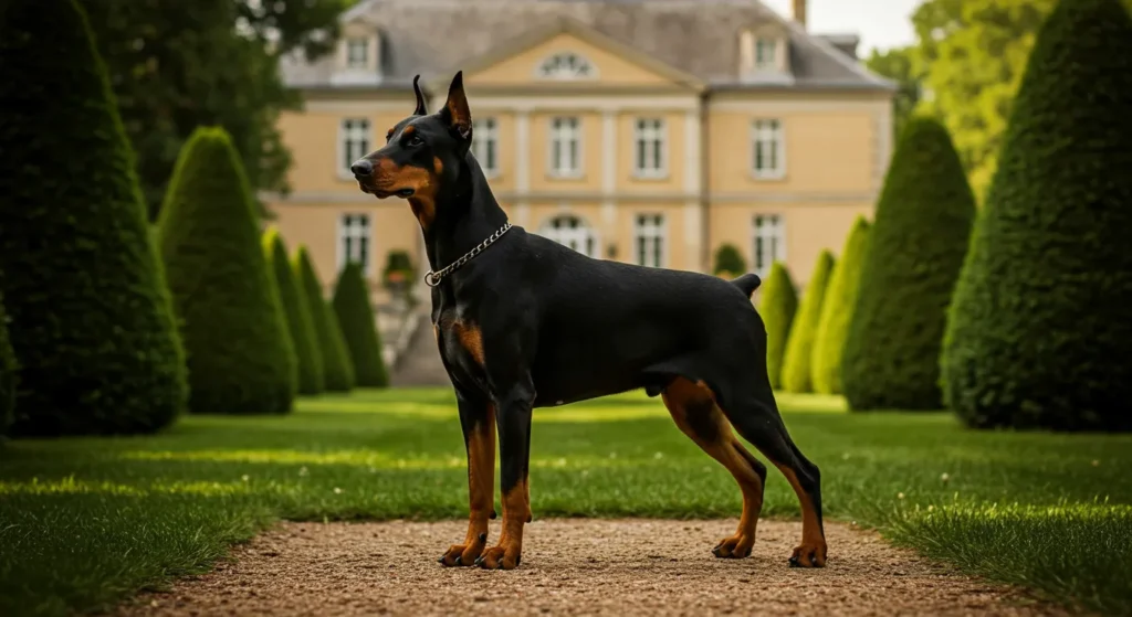 Doberman Pinscher standing tall, showcasing elegance and alertness