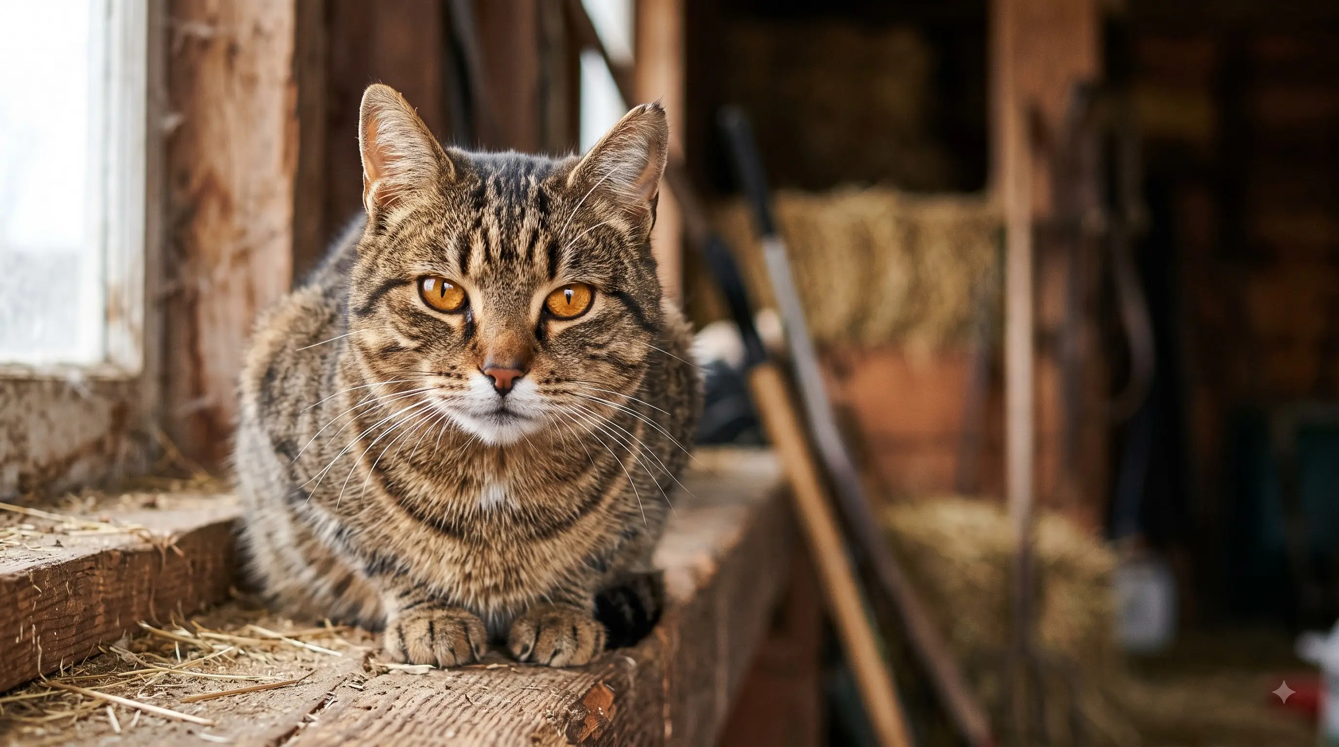 close up portrait of a barn cat with alert watchful eyes