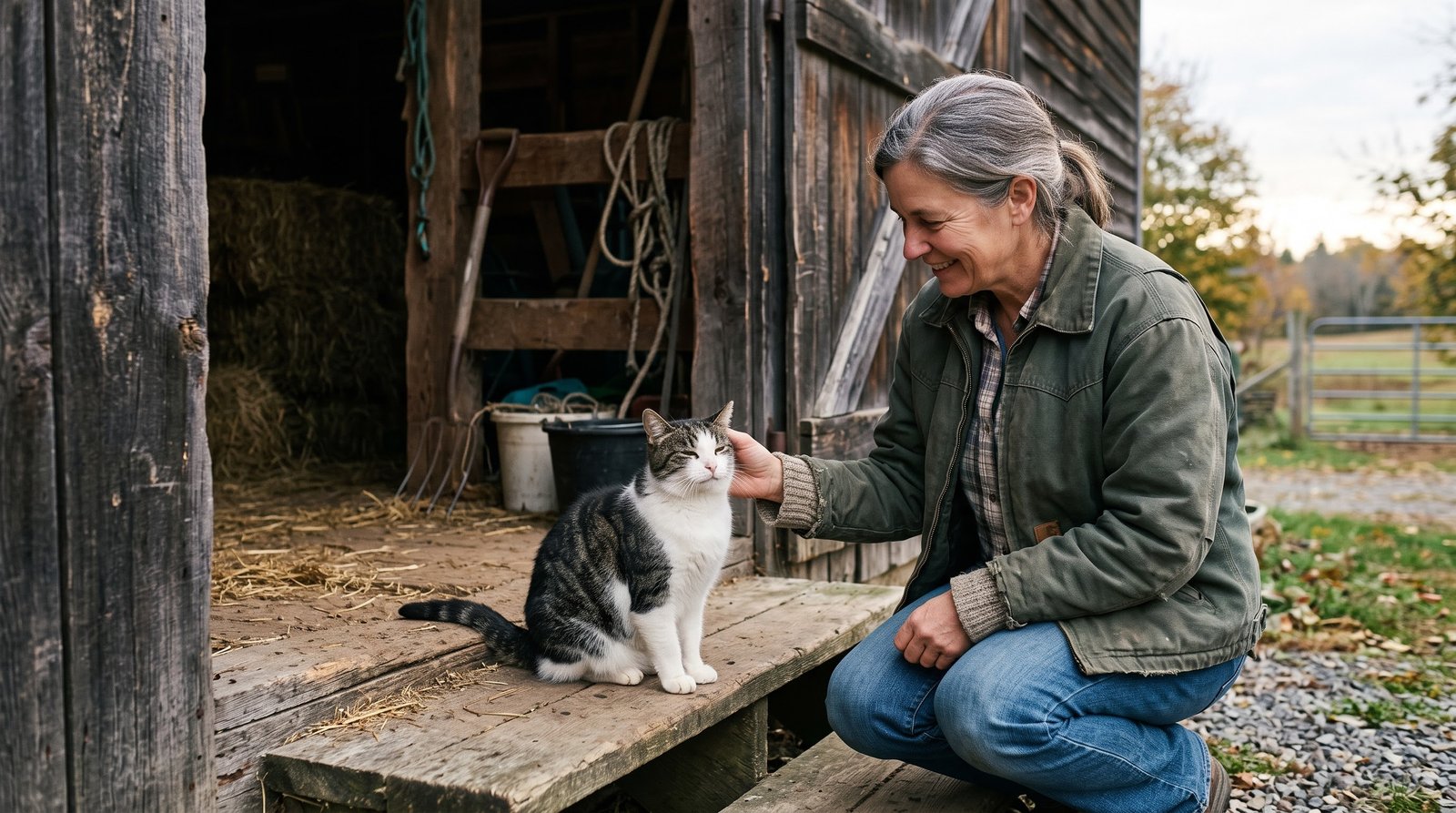 barn cat allowing a gentle pet from a farm family member