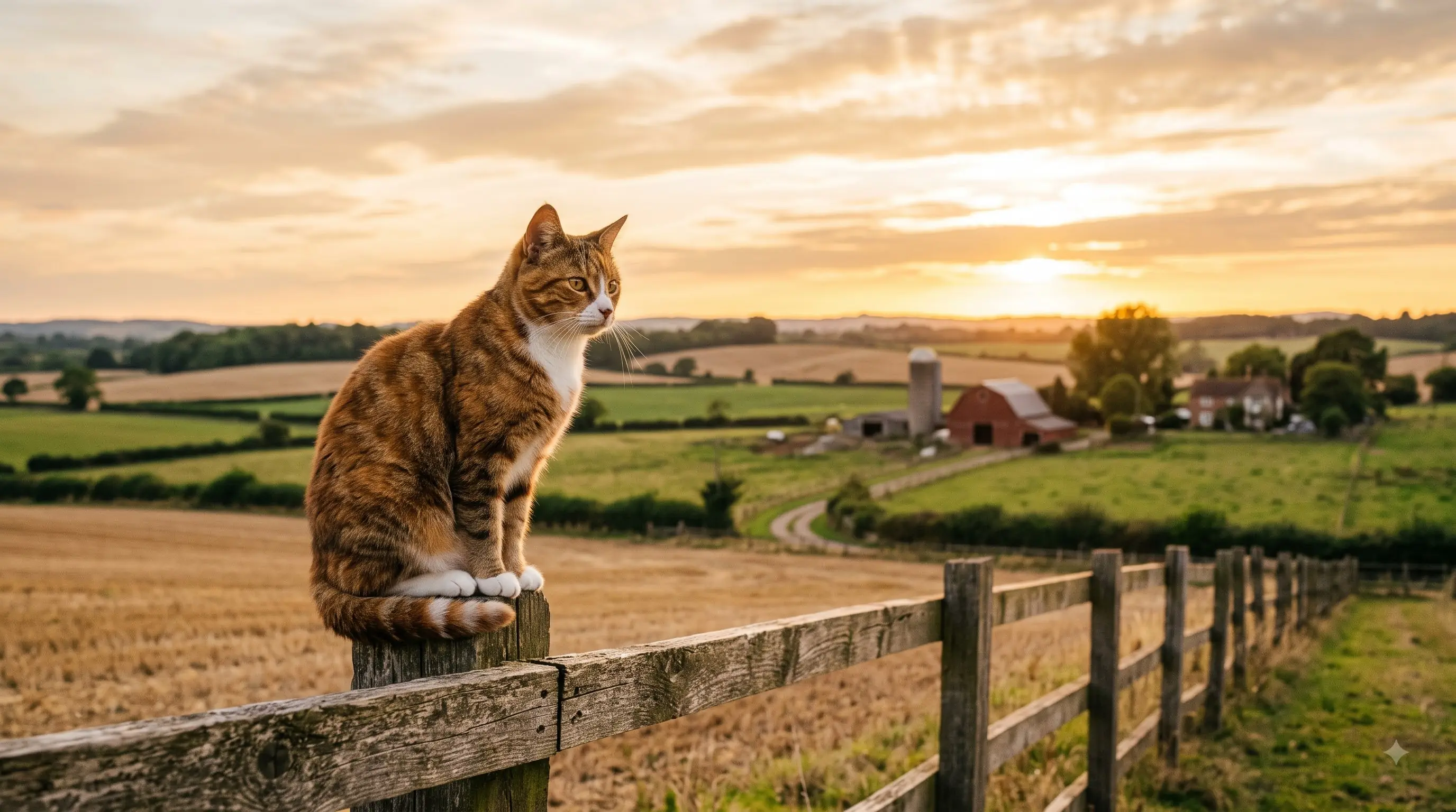 barn cat perched watchfully on a wooden fence