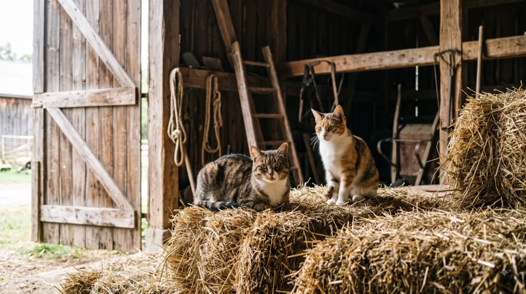 barn cats resting on hay bales in a farm barn