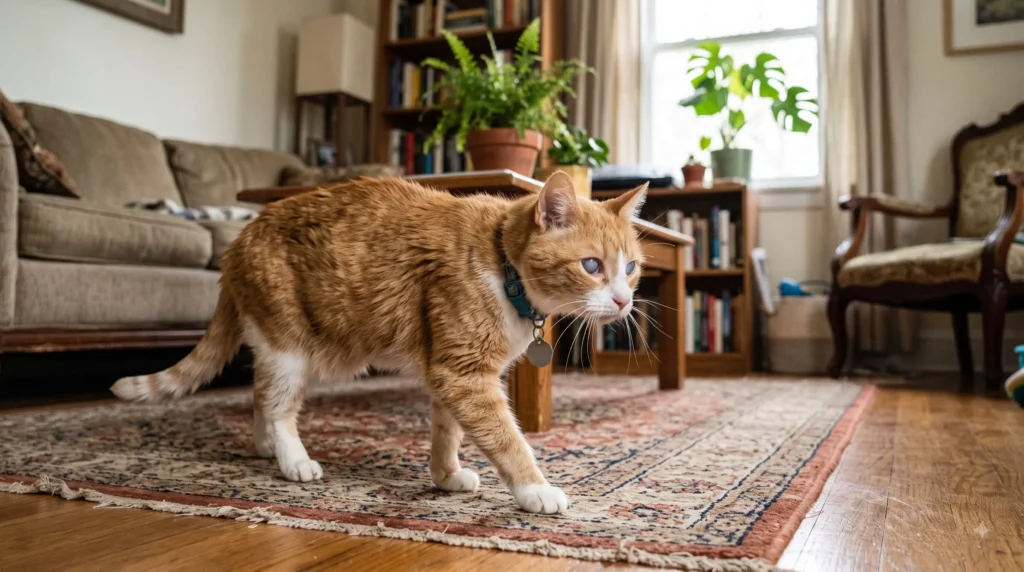 blind cat exploring a new home carefully