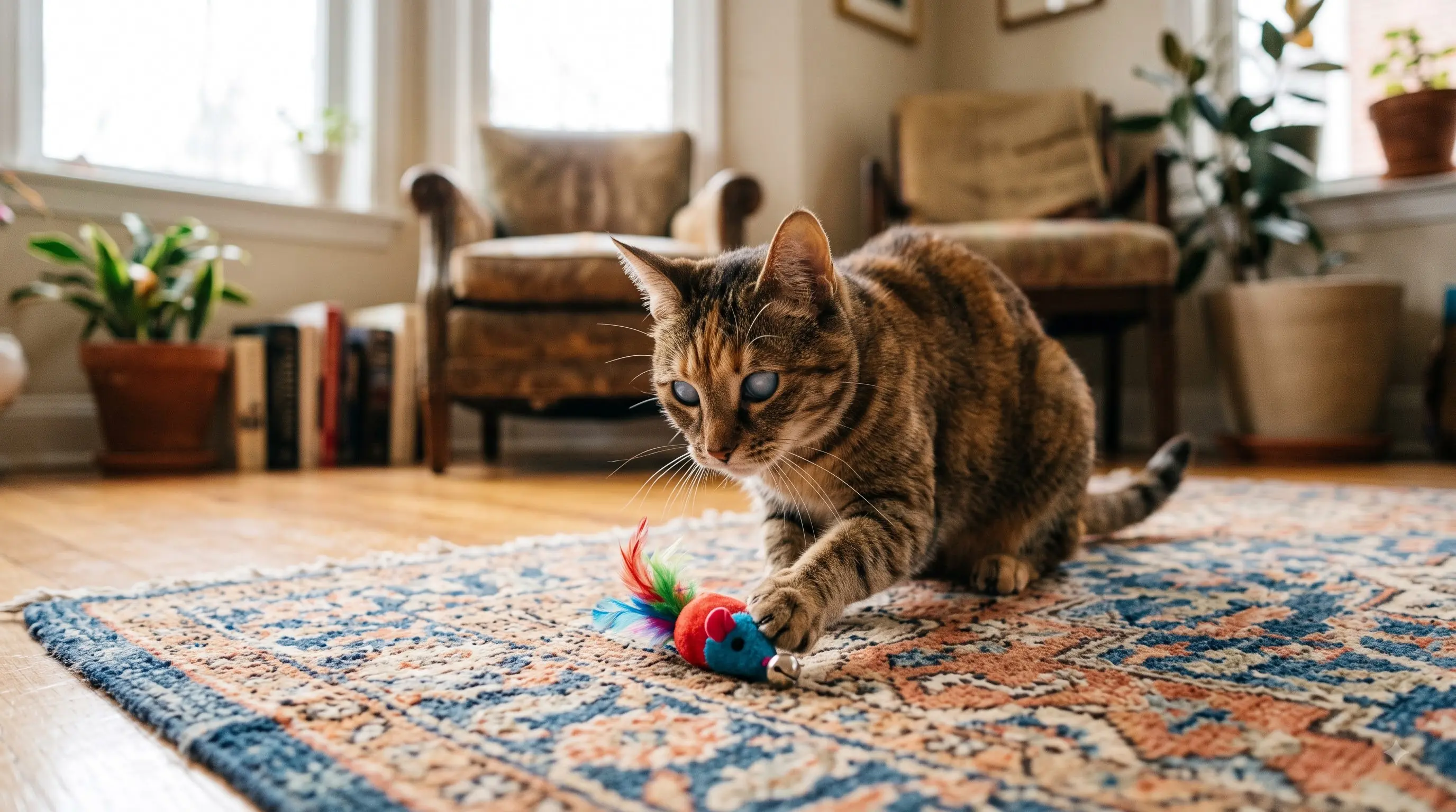 blind cat playing confidently with a toy at home