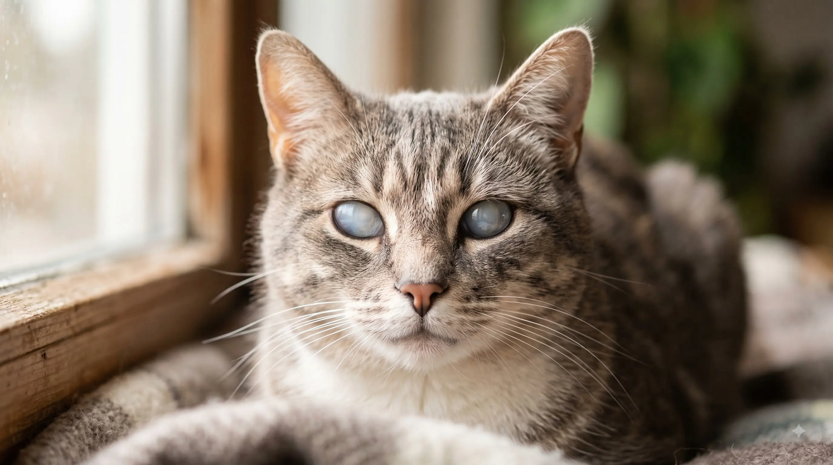 close up portrait of a blind cat with calm serene expression