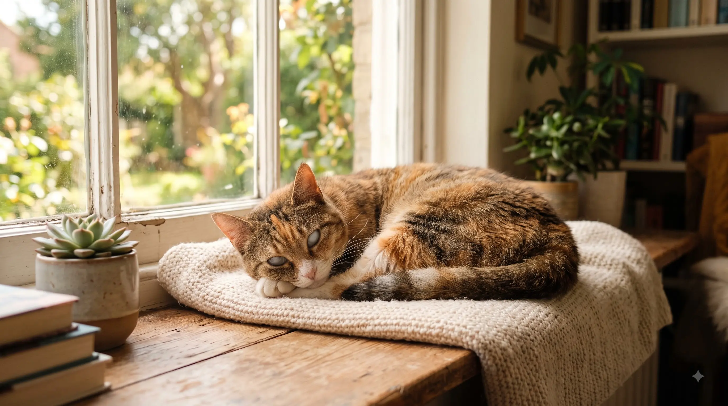 blind cat resting comfortably on a windowsill