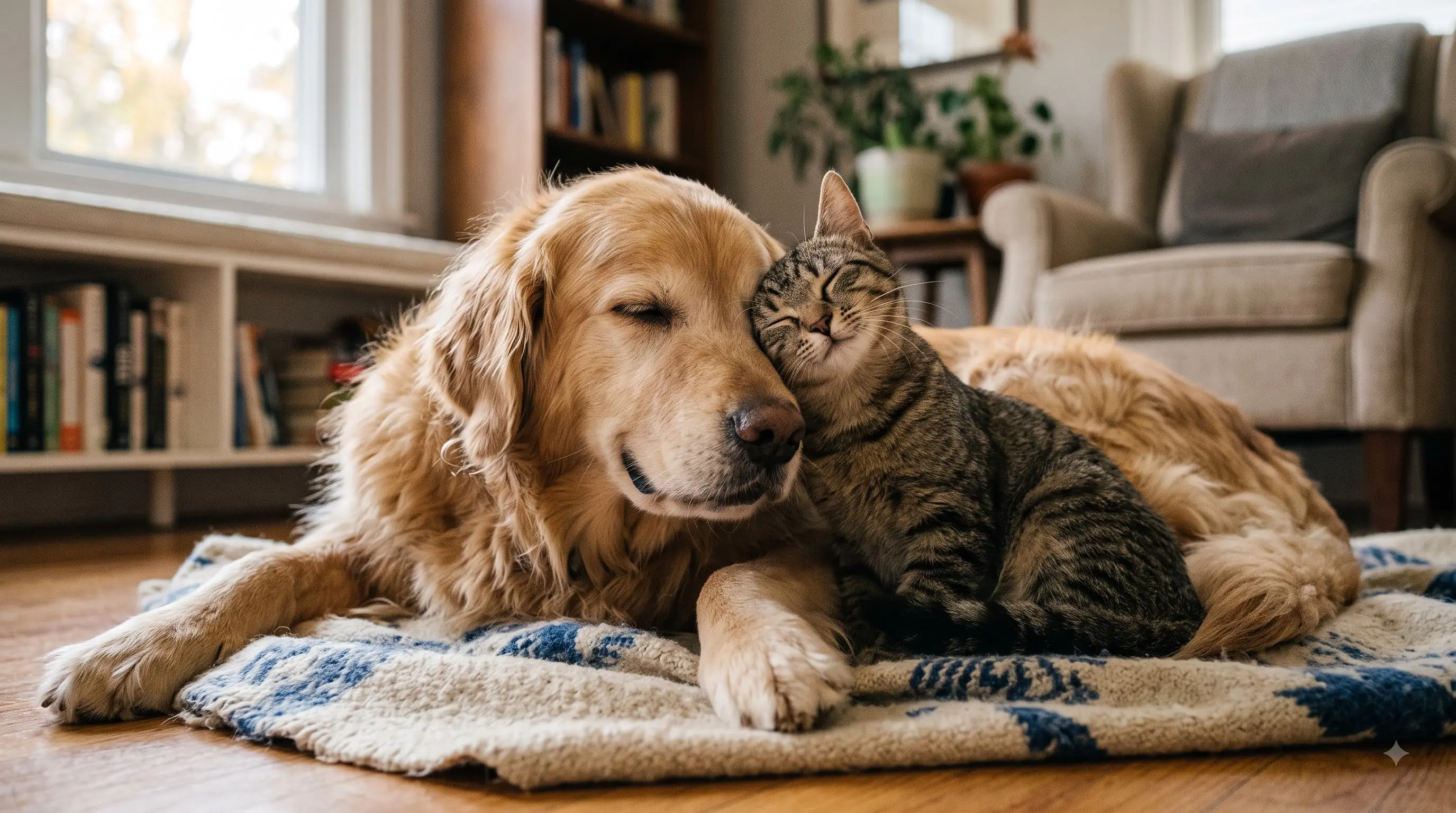 cat grooming a large dog as a sign of bonded friendship