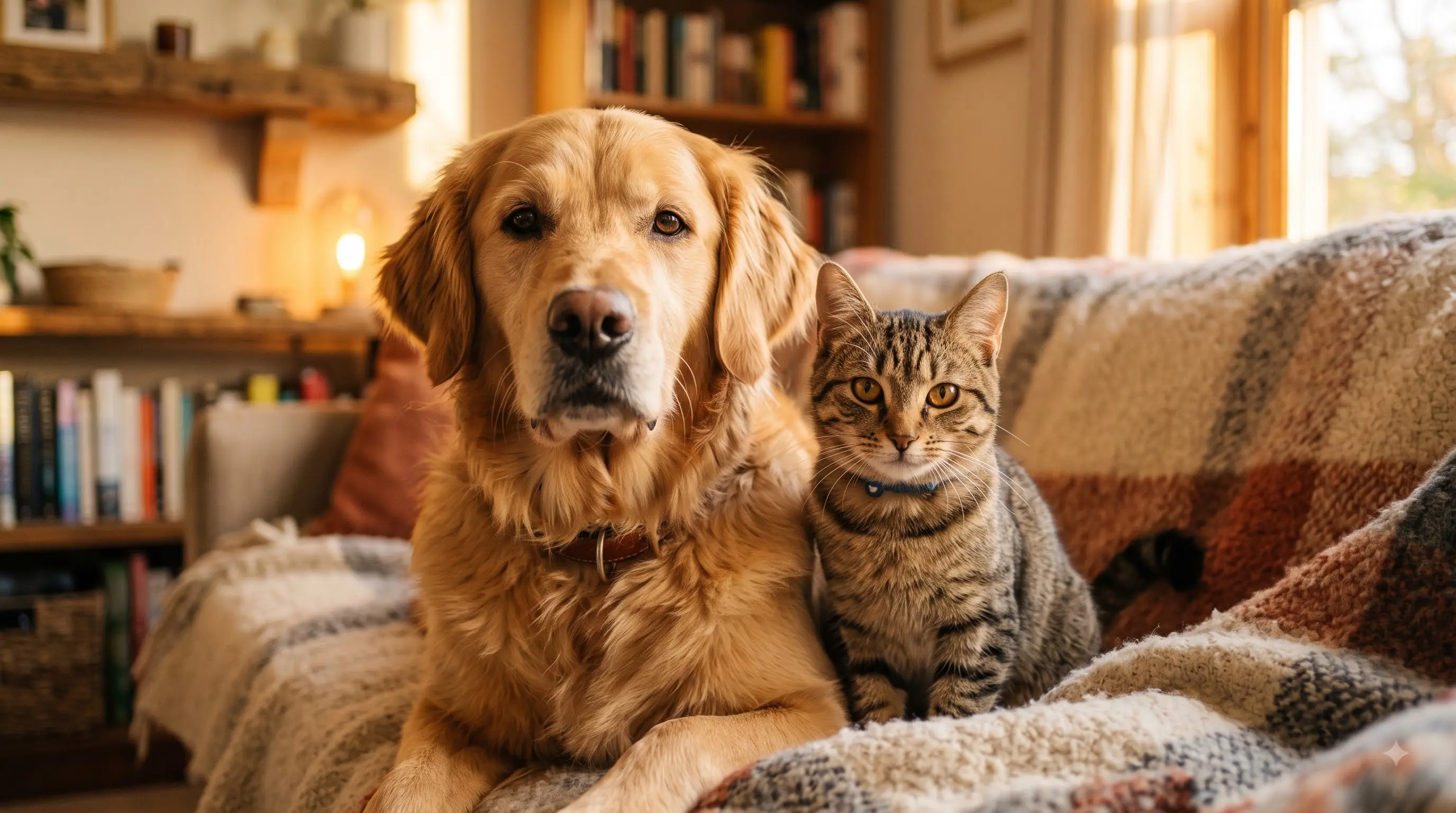 close up of a cat resting against a large dog showing trust