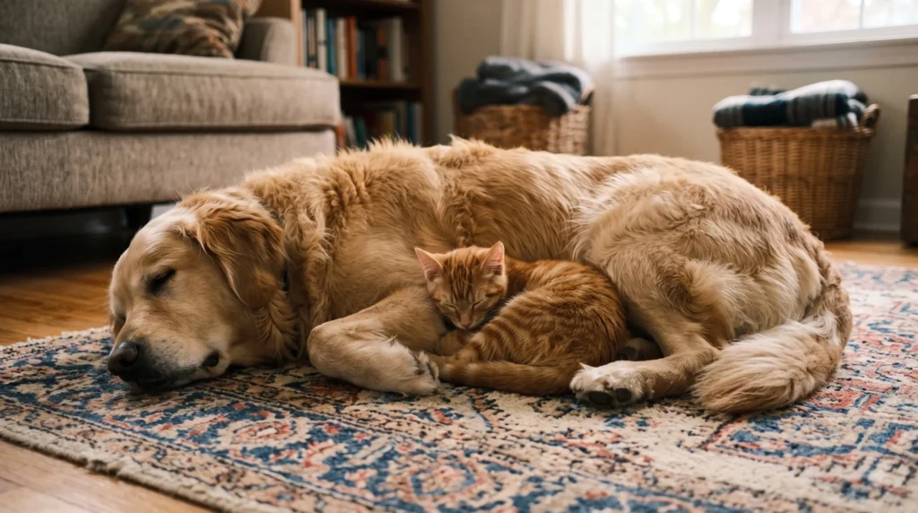small cat and large dog resting together showing an unlikely animal friendship