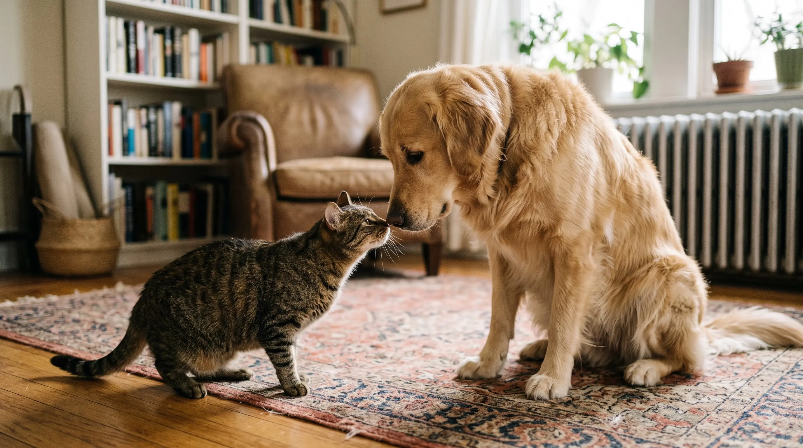 cat cautiously sniffing a large dog during an introduction