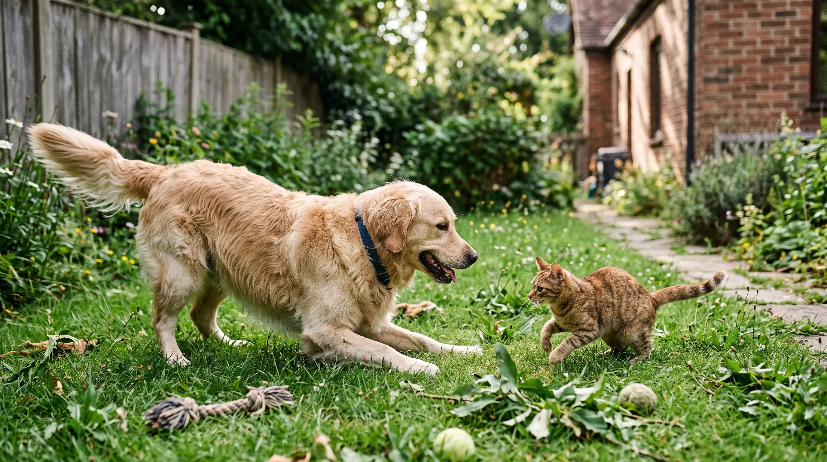 large dog and small cat playing together at home