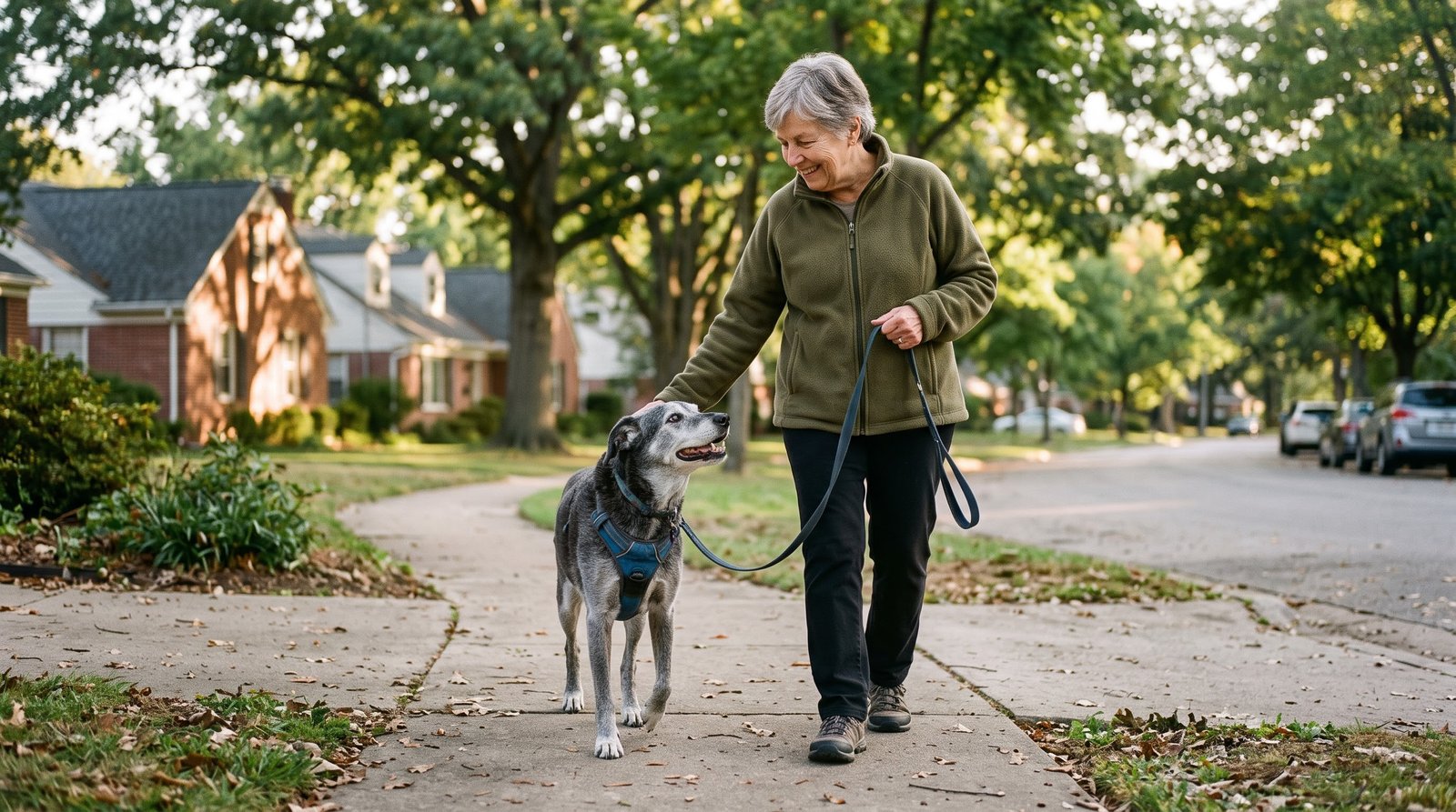 elderly adopted dog walking happily with its new owner on a morning walk