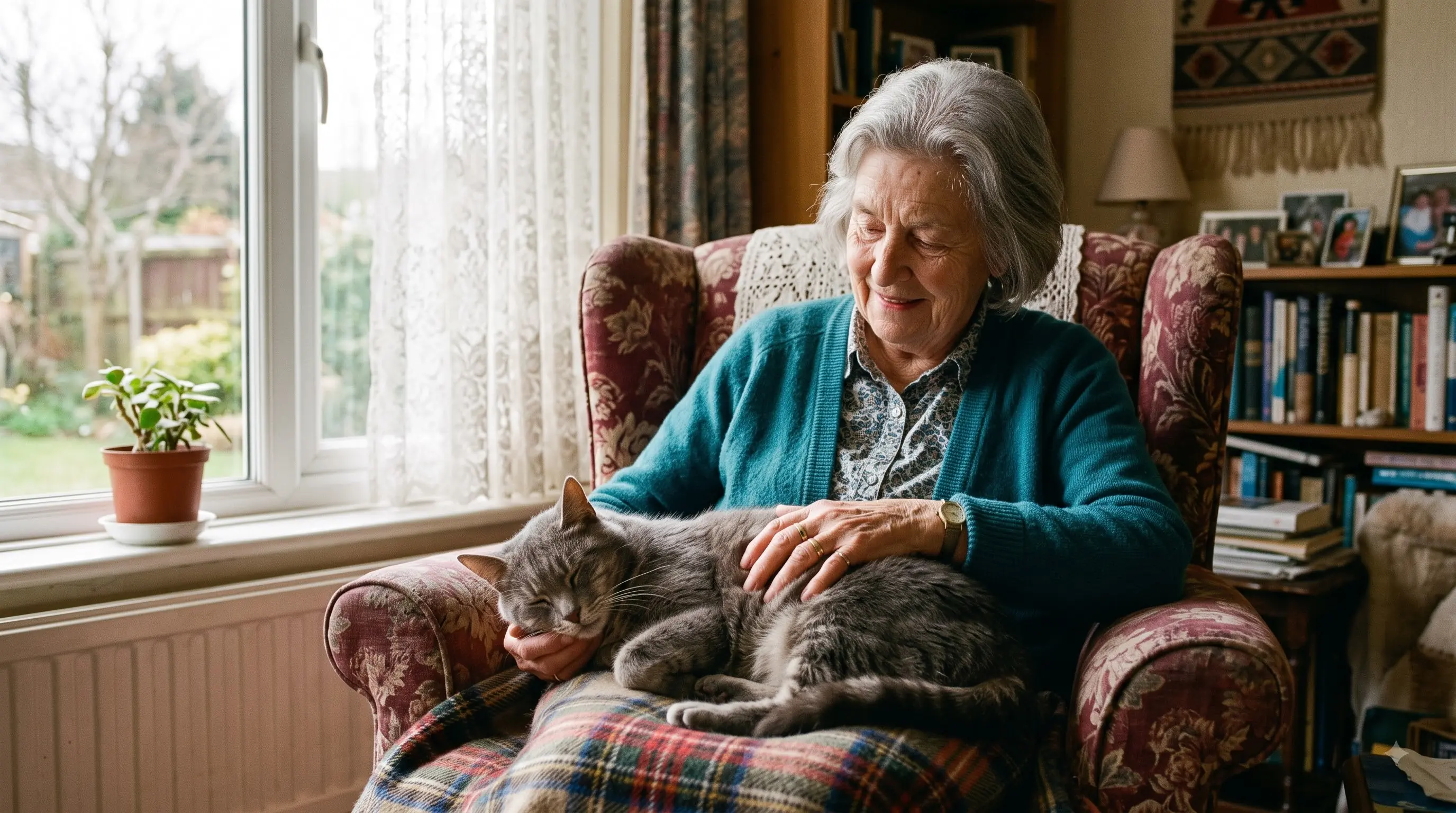 senior cat resting with its new owner at home