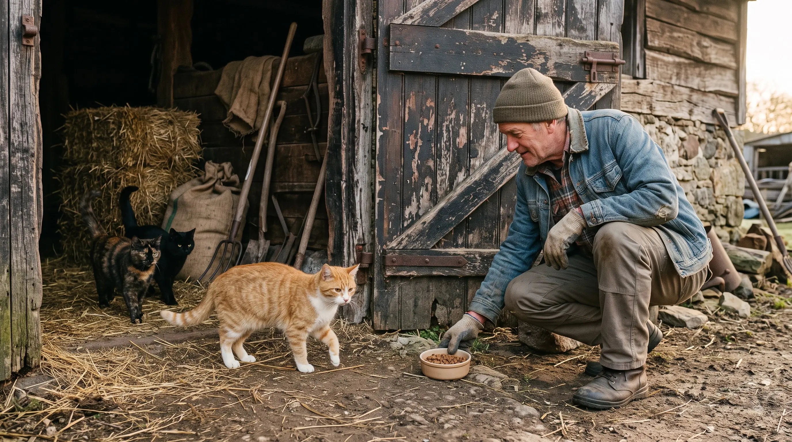farmer setting out food for barn cats near a barn door