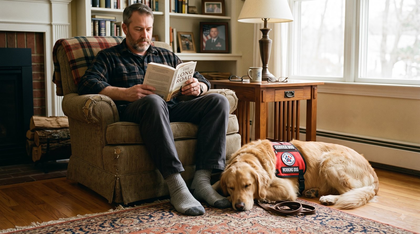 service dog resting calmly beside its veteran handler at home