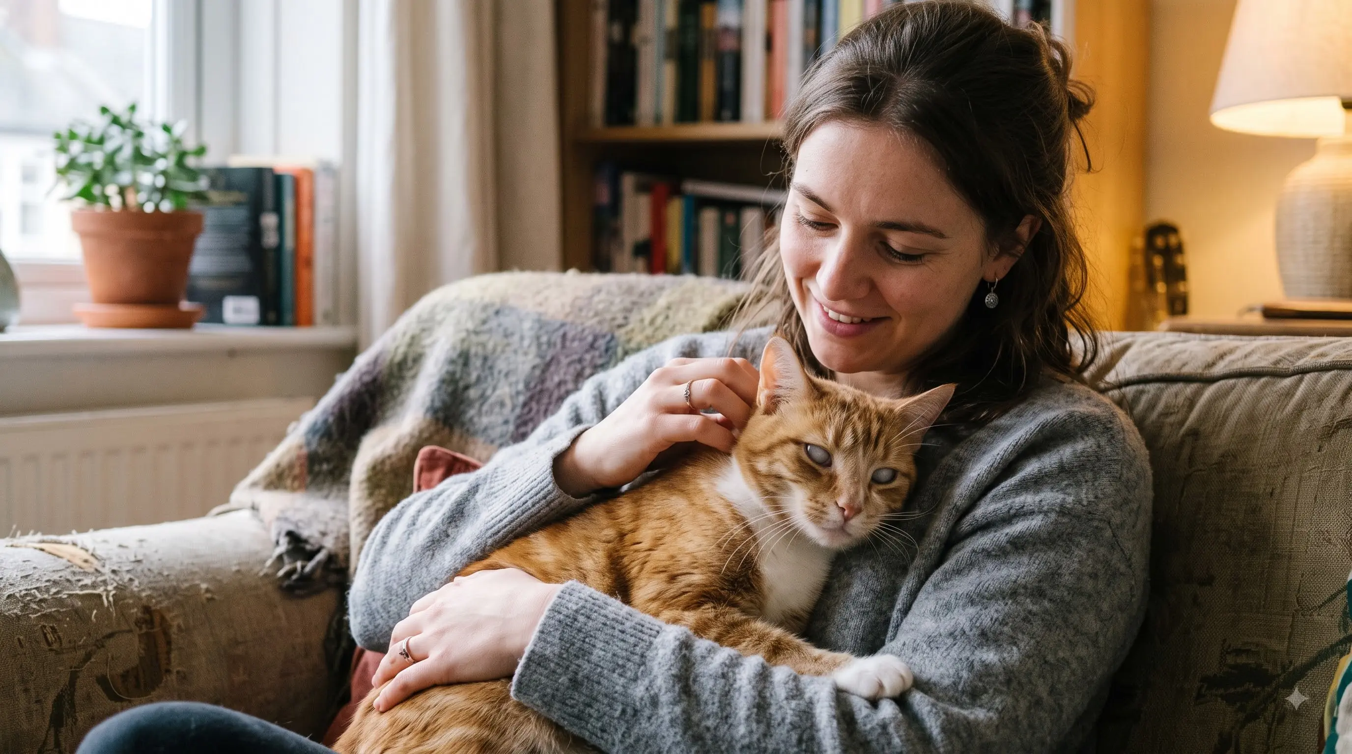 blind cat being gently held by its owner