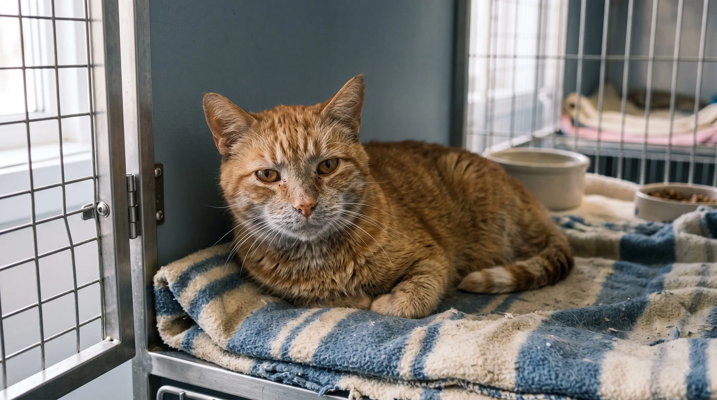 adopting a senior cat resting calmly in a shelter enclosure