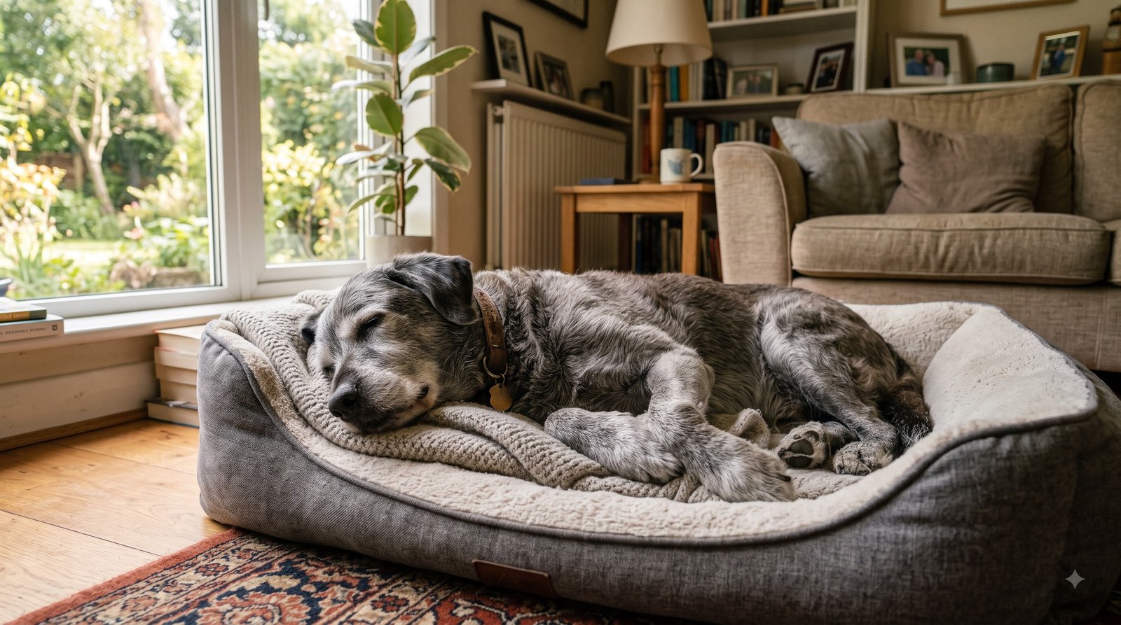 senior dog resting comfortably on an orthopedic bed in its new home