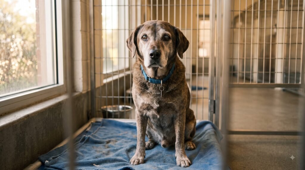benefits of adopting a senior dog: senior dog waiting patiently in a shelter kennel