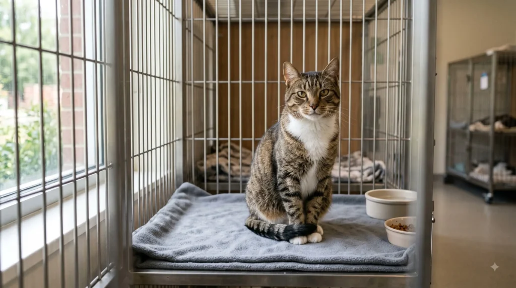 overlooked shelter cats waiting patiently in a quiet shelter room