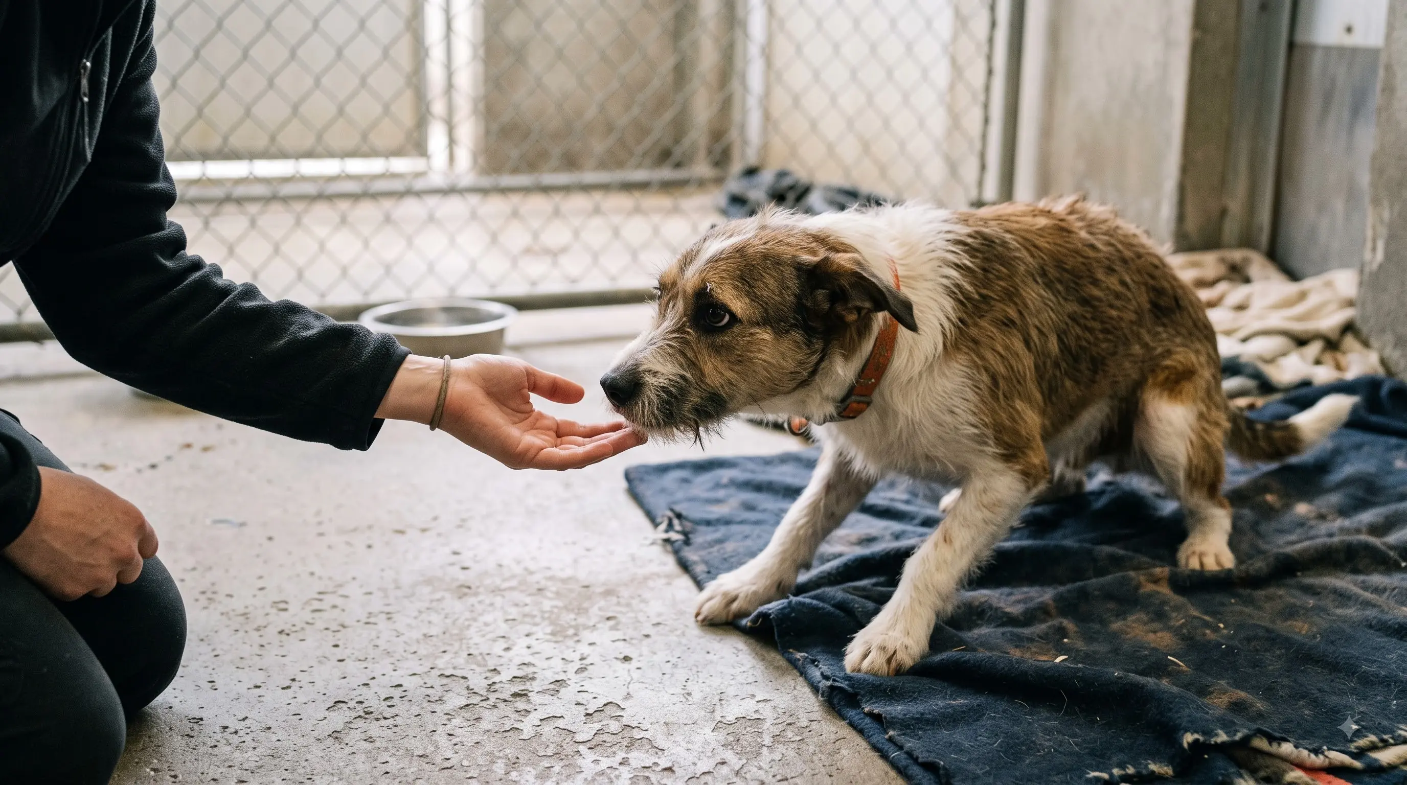 volunteer sitting patiently near a fearful shelter dog's kennel
