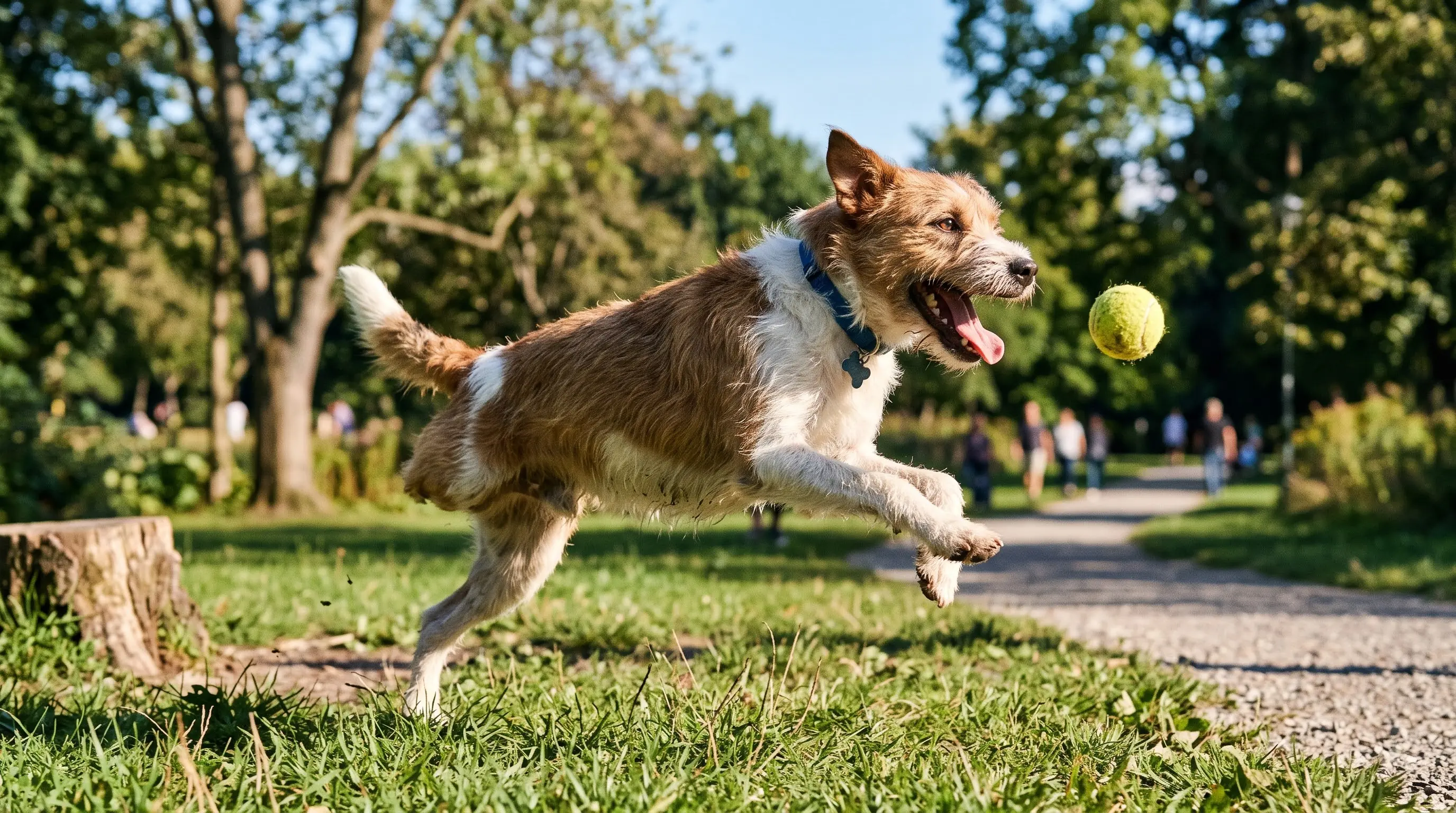 three-legged dog playing fetch in a park
