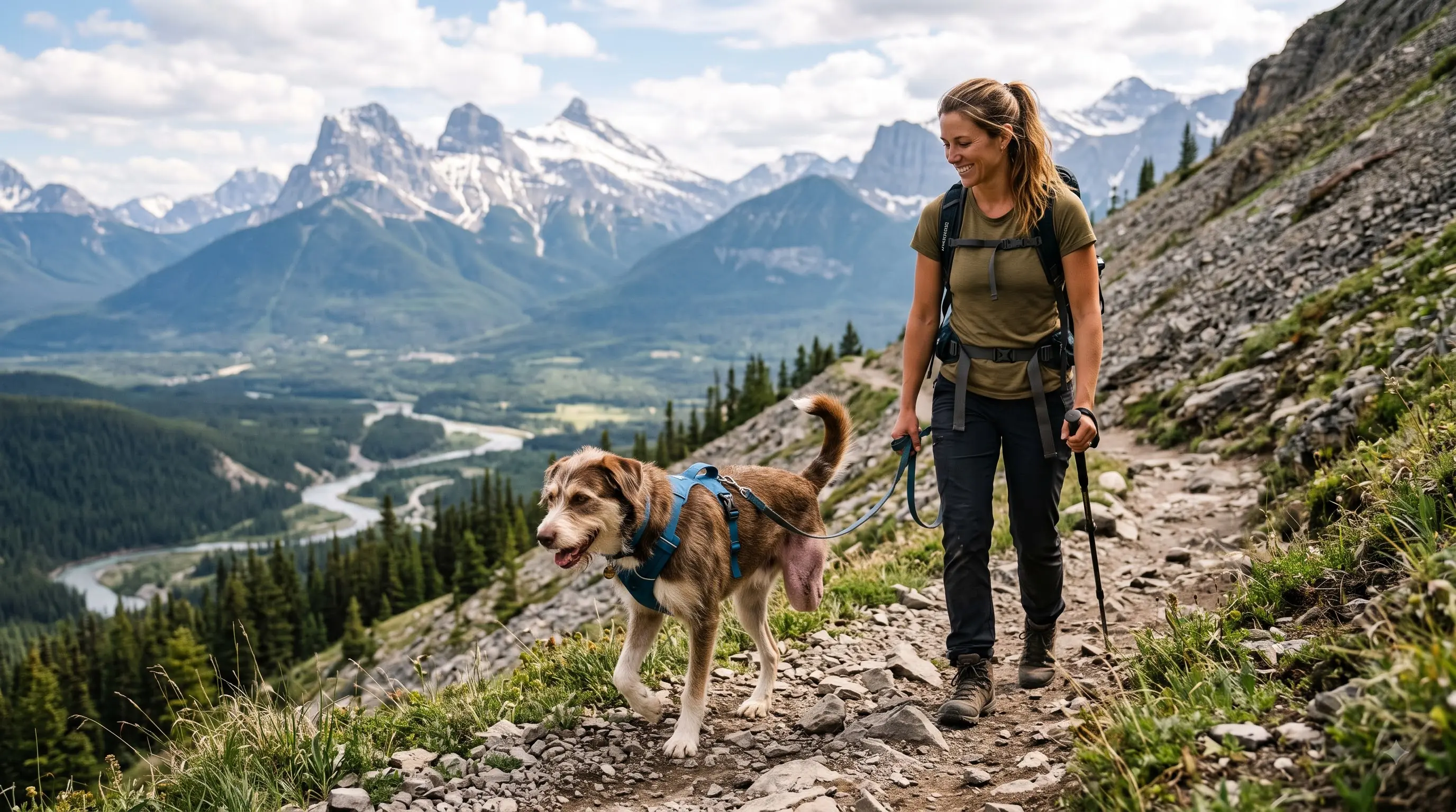 three-legged dog hiking outdoors with its owner